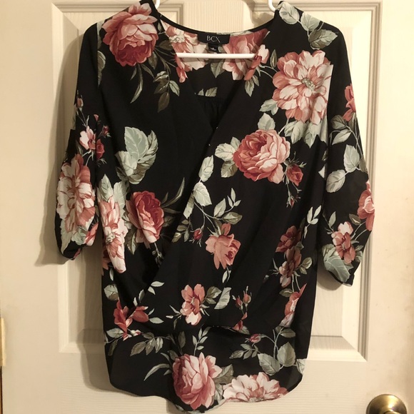 BCX Tops - BCX Black Floral V-neck Blouse 3/4 sleeves Size Small